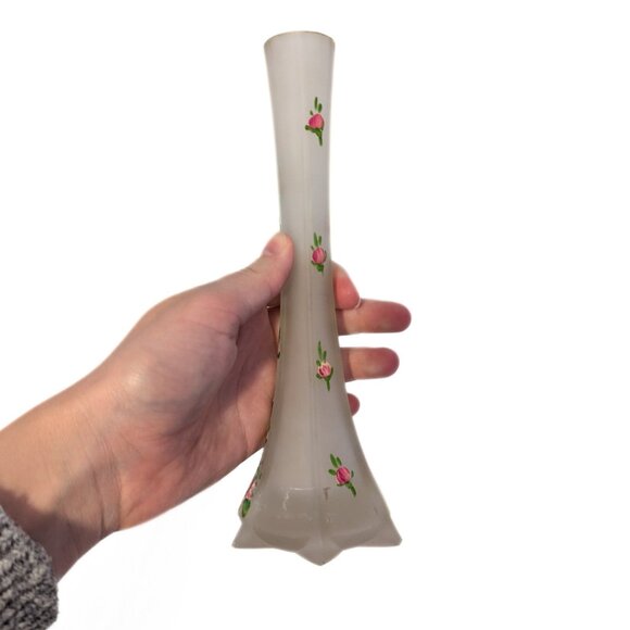 Vintage Frosted Glass Vase Hand Painted Flower Pattern Gold Edge Retro Decor - Picture 5 of 5